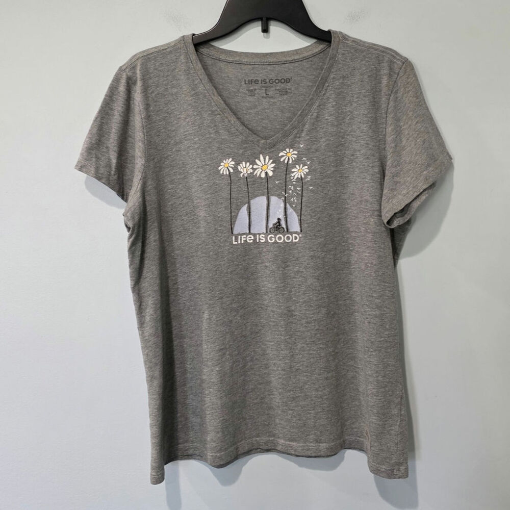 Life is Good V-neck T-shirt Women's Large Bicycle Daisies